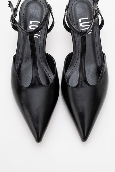 LuviShoes Asher Black Skin Pointed Toe Slingback Women's Low Heel Shoes