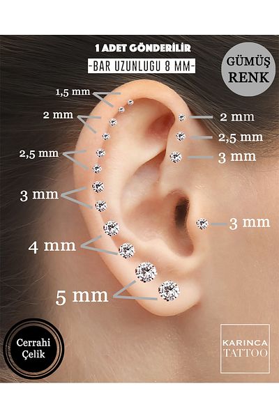 Karınca Piercing 8mm Jewelled Piercing - Tragus Helix, Ear Cartilage, Flat Conch, Lip Nose Snake Bites Surgical Steel Earrings