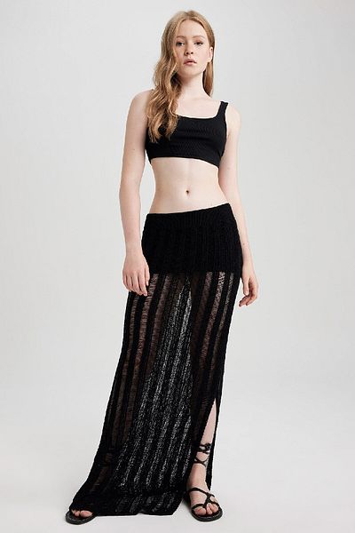 DeFacto Black Slim Fit Maxi Skirt - Crochet Slit, A9259ax23sm