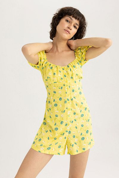 DeFacto Herzförmiger Ausschnitt Zitrone gemustert Kurzarm Mini Jumpsuit U6852az23hs