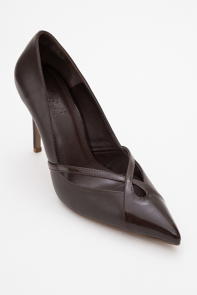 LuviShoes RUBY Kahverengi Cilt Rugan Detaylı Kadın Yüksek Topuklu Ayakkabı