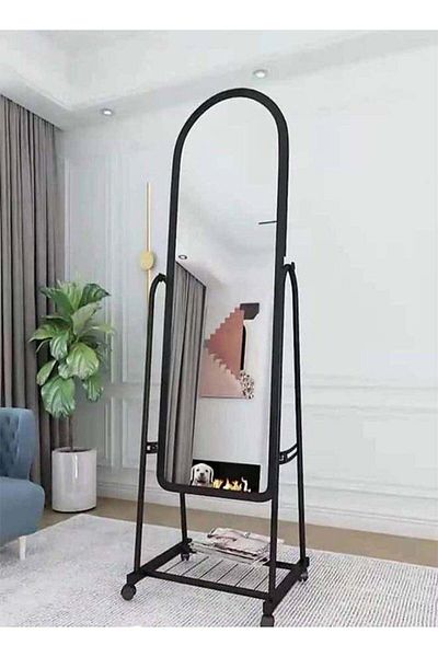 Generic Full Length Mirror with Stand and Adjustable Wheels 160x43cm Black