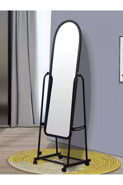 Generic Full Length Mirror with Stand and Adjustable Wheels 160x43cm Black