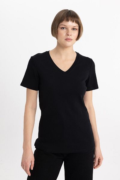 DeFacto Tričko Slim Fit Rib s výstřihem do V – 100% bavlna, krátký rukáv I1080Az24Sm