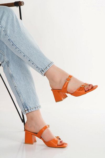 MFT AYAKKABI Orange Thick Heeled Slippers for Women 5 cm