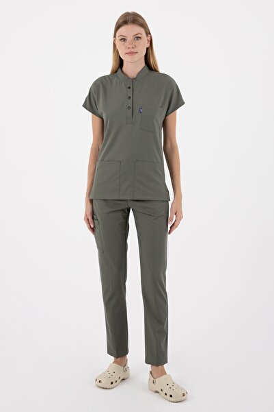 uçak iş giyim Zeytin Yeşili PETRA Premium Likralı Kumaş Alt Üst Doktor Hemşir...