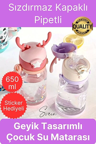 Svein Özel Geyikli Tasarım Pipetli Sızdırmaz Kapaklı Gıdaya Uygun Çocuk Su Matarası Askılı Suluk 650 ml