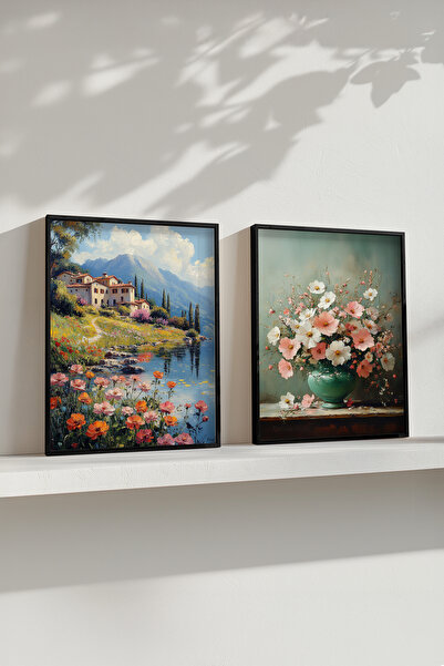 STARYUNA Crni drveni okvir, efekat uljane slike, pejzaž sa cvećem, set od 2 s...