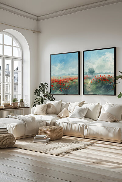 STARYUNA Suluboya efektli gelincik tarlası tablosu, siyah ahşap çerçeveli 2'li tablo seti Yuna103