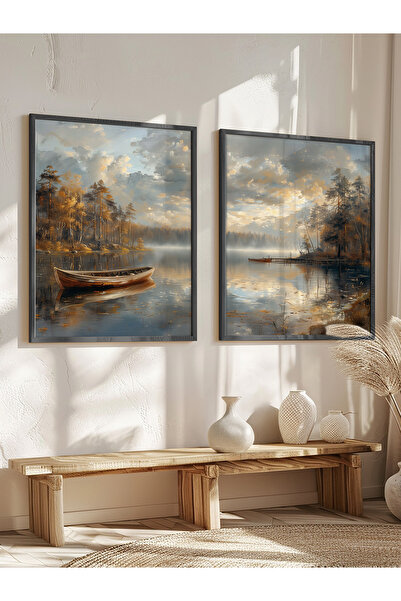 STARYUNA Yağlı boya efektli göl manzaralı iskandinav vintage siyah ahşap çerçeveli 2'li tablo seti Yuna97