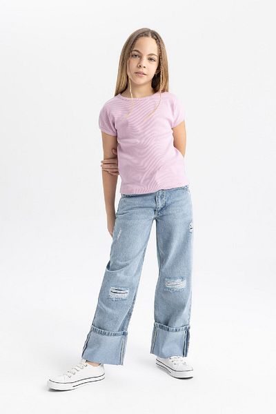 DeFacto Girls' Crew Neck Slim Fit T-Shirt - Short Sleeve, Ribbed Camisole B3053A824Sm