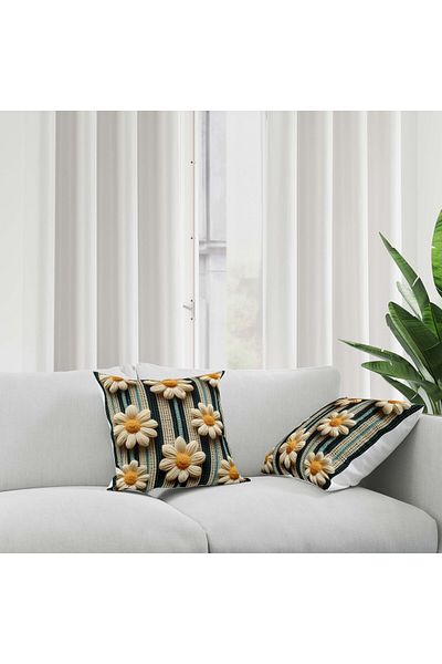 Şah Dekor Punch Embroidery Pattern Digital Printed Daisy Patterned Autumn Theme 2-Piece Pillow - Throw Pillow Case