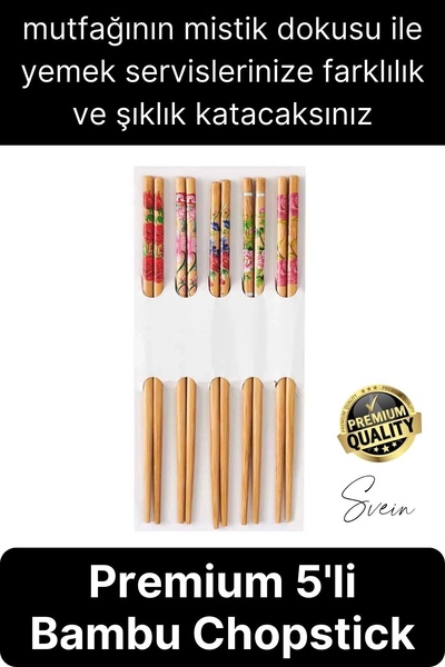 Svein Premium Bambu 5'li Kaymaz Yıkanabilir Desenli Çin Yemek Çubuğu Uzakdoğu...