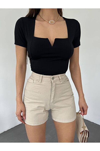 hiraz fashion Kadın Siyah Kare Yaka Sandy Kumaş Crop Bluz