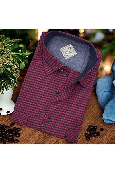 EREN STYLE Pamuk paket klasičnih kratkih rukava, bordo crvena Sa džepovima mu...
