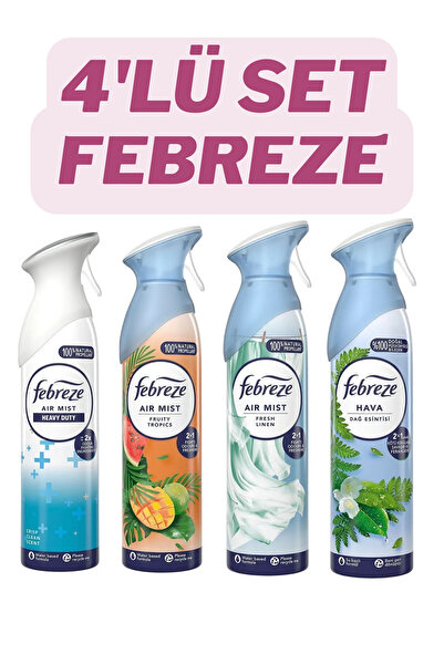 Febreze Hava Ferahlatıcı Sprey 185 ml x 4’lü Set – Ağır Kokular, Tropik Meyveler, Temiz Çarşaf, Dağ Esintisi