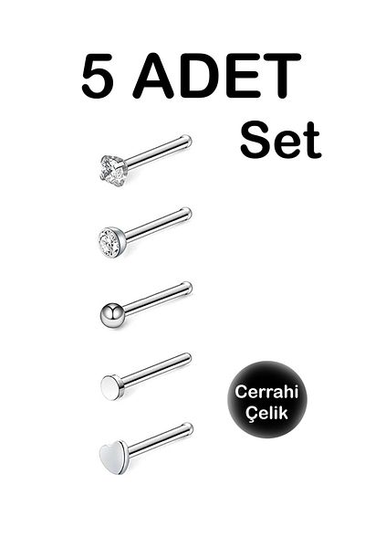 MORNEVA Minimal Nose Piercing Set with Stone and Heart Hızma (5 Pcs)