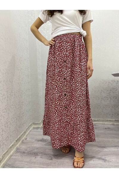 520CK Women's Floral Patterned Viscose Elastic Waist - Buttoned Front Long Skirt