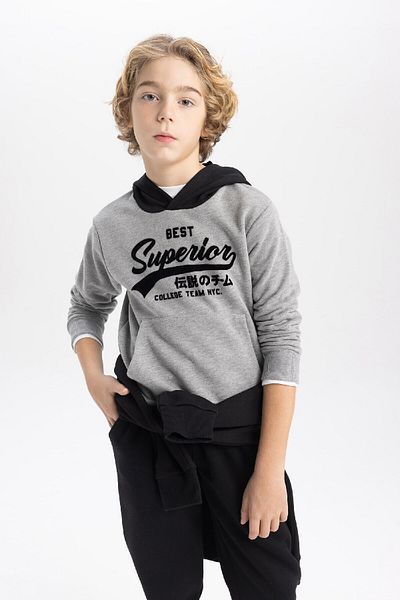 DeFacto Boy's Printed Thick Hooded Sweatshirt B9001a823cw