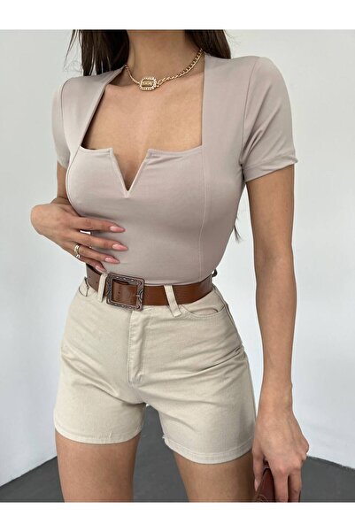 hiraz fashion Kadın Bej Sandy Kumaş Kare Yaka Crop