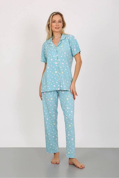 shopshop Set de pijamale de vară din bumbac, cu mâneci scurte, cu nasturi în față, cu stea albastră și albă