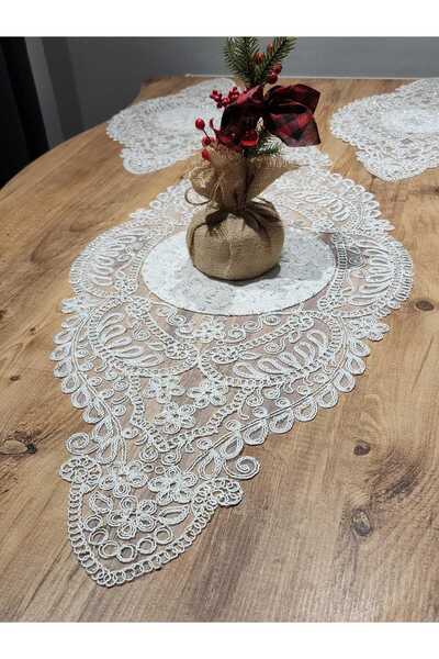 YALINSHOME Masa Örtüsü Ekru Kadifeli Simli Lüx 3 Lü Set Dantel Runner