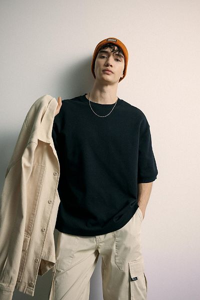 DeFacto Loose Fit Crew λαιμόκοψη κοντό μανίκι βαρύ ύφασμα Basic μασίφ μαύρο μπλουζάκι B4844ax24sp