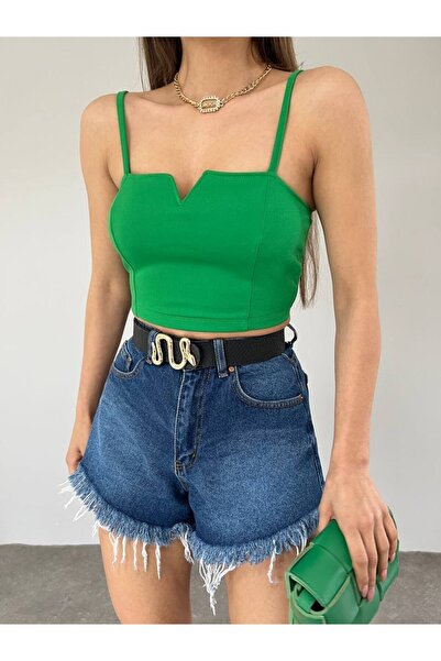 hiraz fashion Kadın Yeşil Scuba Crep Kumaş Mini Crop