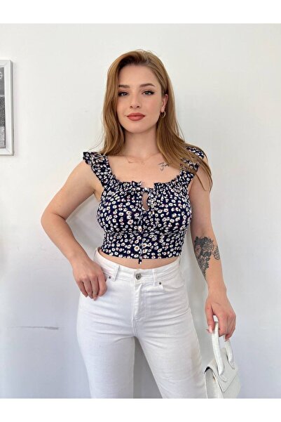 hiraz fashion Kadın Mavi Çiçek Desenli Mini Crop