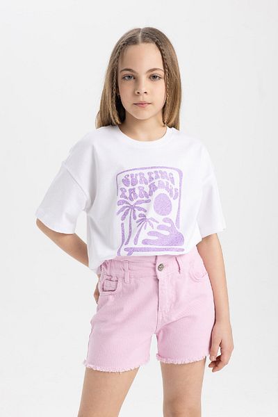 DeFacto Dívčí tričko Relax Fit Crew Neck s potištěným krátkým rukávem B5167A824Hs