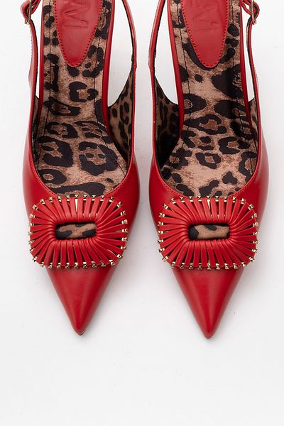 LuviShoes Spera Red Patterned Buckle Women's Thin Heeled Shoes