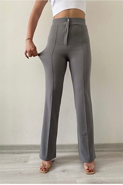 hiraz fashion Women's Gray Ribbed Stitching Recovery High Waist Full Lycra Pants