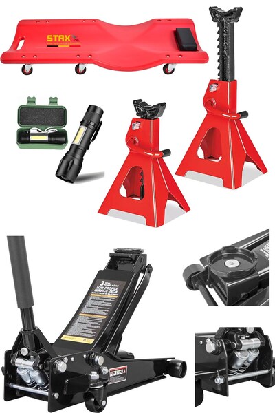 STAXX POWER 3Ton Hidrolik Paslanmaz Çift Piston Düşük Kaldırma Krikosu + 3Ton Sehpa Kriko + Tamirci Kızağı Set