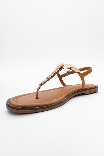 LuviShoes Marea Tan Genuine Leather Flip Flop Gold Buckle Women's Sandals