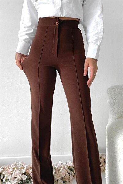 hiraz fashion Kadın Kahverengi Nervür Dikişli Toparlayıcı Yüksek Bel Likralı İspanyol Paça Pantolon
