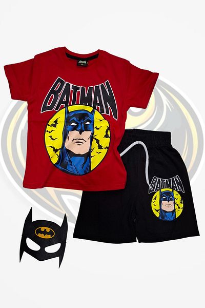 Batman Printed T-Shirt Shorts and Batman Mask Red Color Children's Set