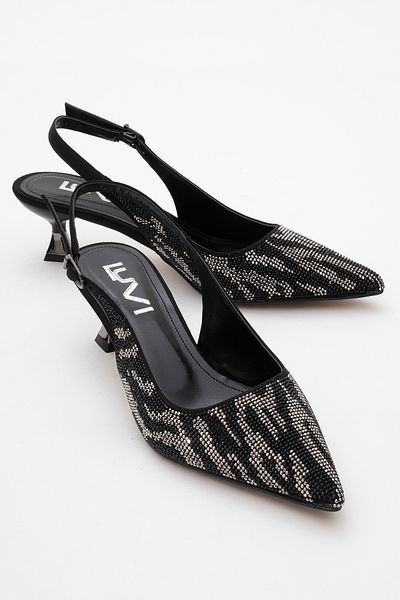 LuviShoes Γυναικεία βραδινά παπούτσια με κοντό τακούνι USHES Μαύρο Σατέν Πέτρα