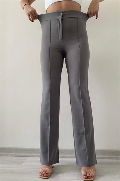 hiraz fashion Women's Gray Ribbed Stitching Recovery High Waist Full Lycra Pants