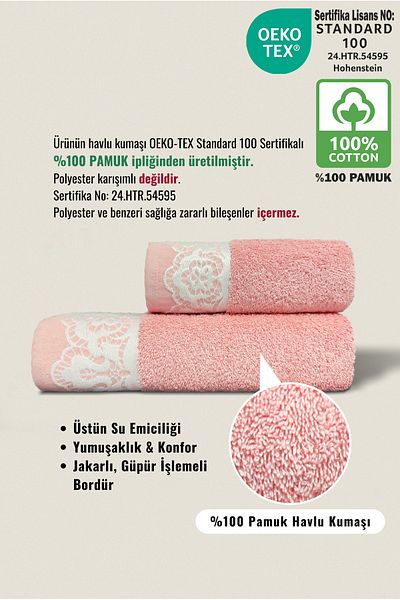 Ellaline Milano 2-Piece Hand Towel Set 100% Cotton Certified, Hand Face Kitchen Towel Jacquard Guipure 50X90Cm Pink