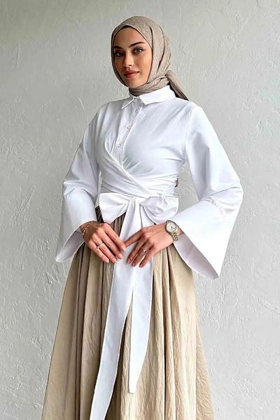 GALAVİP Women's Spanish Sleeve Waist Tie Shirt Suitable for Hijab White