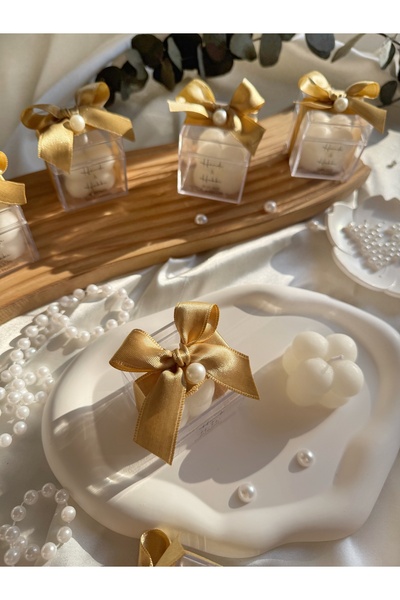 Gami Handmade Fiyonk Detaylı İncili Mika Bubble Mum -Söz, Nişan, Kına, Düğün,...
