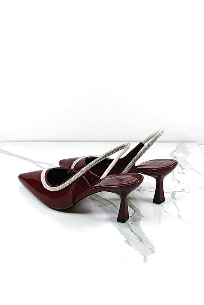 Everest Kadın Bordo Rugan Stiletto Arkası Açık Taşlı Topuklu Ayakkabı