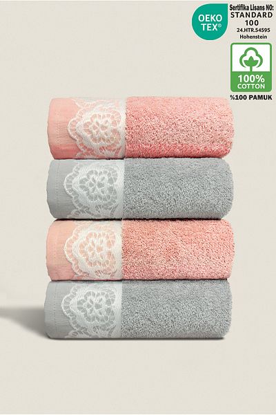 Ellaline Milano 4-Piece Hand Towel Set 100% Cotton Certified, Hand Face Kitchen Towel Laced 50X90Cm Pink Gray