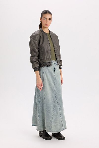 DeFacto Faux Leather Water Repellent Bomber Jacket - College Collar, Zip Pockets, B3457Ax24Au
