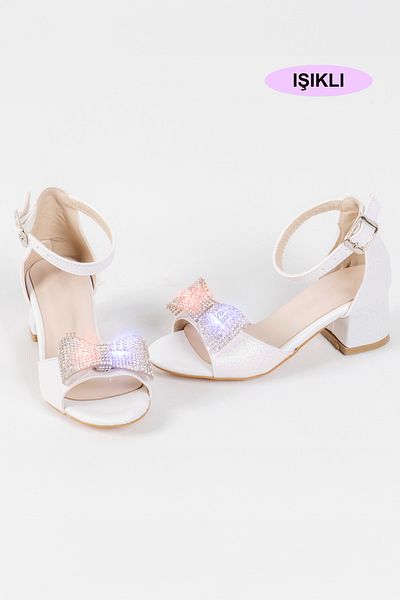 NS Little Girl's Heeled Shoes, Girl's Evening Dress Shoes, Light, Bow, Stone Detail