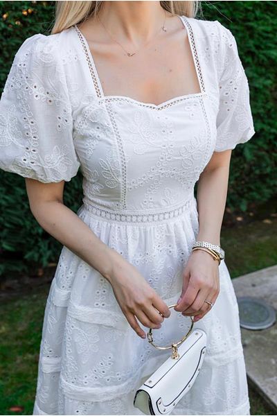 Afiş Butik White Heart Collar Scallop Midi Dress