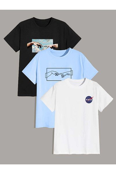 CLAYES 3-Piece Design Printed Combination - Black, Baby Blue and White Oversize Crew Neck T-shirt
