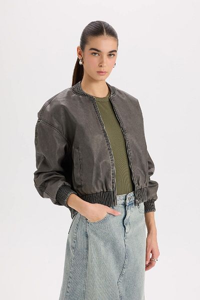 DeFacto Faux Leather Water Repellent Bomber Jacket - College Collar, Zip Pockets, B3457Ax24Au