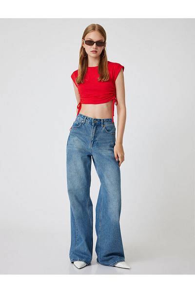 Koton New Season Sleeveless Crop T-Shirt with Shirred Sides and Tie-Up Crew Neck