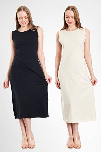 Ersoy Long Sleeveless Dress Lining Underskirt Underskirt Petticoat Set of 2 Ecru - Black Set of 2